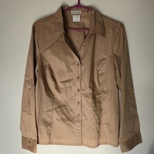FDJ Blouse 16 Tan Khaki Pin-Tuck Button-Down Minimalist Dark Academia Utility